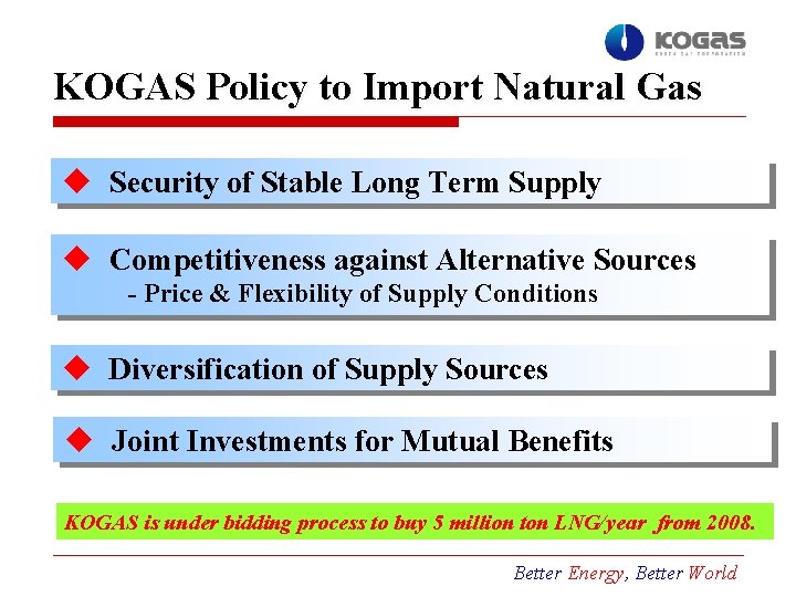 KOGAS Policy to Import Natural Gas u Security of Stable Long Term Supply u