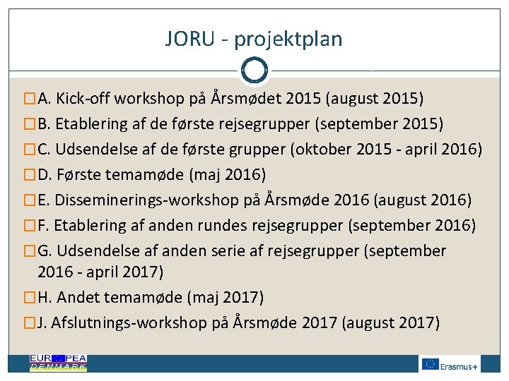 JORU - projektplan �A. Kick-off workshop på Årsmødet 2015 (august 2015) �B. Etablering af