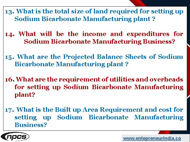13. What is the total size of land required for setting up Sodium Bicarbonate