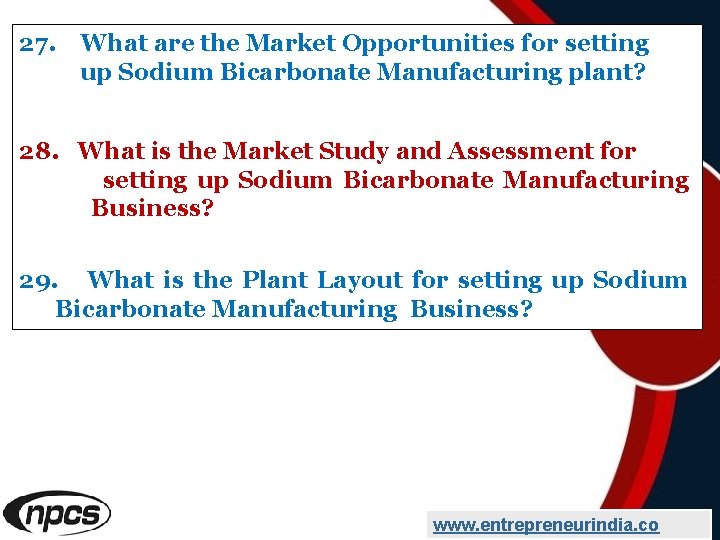 27. What are the Market Opportunities for setting up Sodium Bicarbonate Manufacturing plant? 28.
