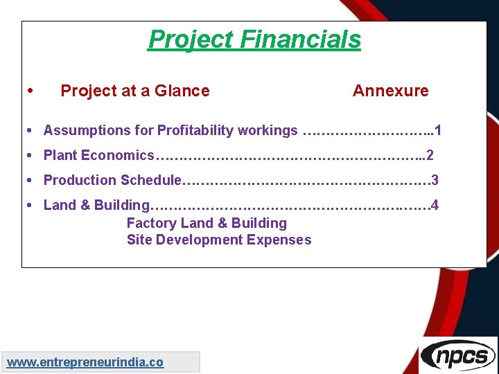 Project Financials • Project at a Glance Annexure • Assumptions for Profitability workings …………….