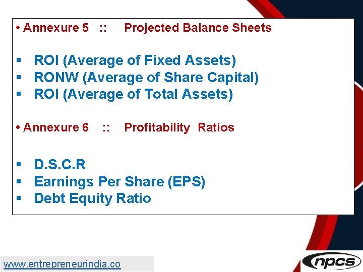  • Annexure 5 : : Projected Balance Sheets § ROI (Average of Fixed