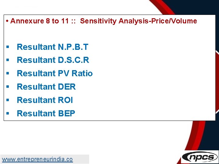  • Annexure 8 to 11 : : Sensitivity Analysis-Price/Volume § Resultant N. P.