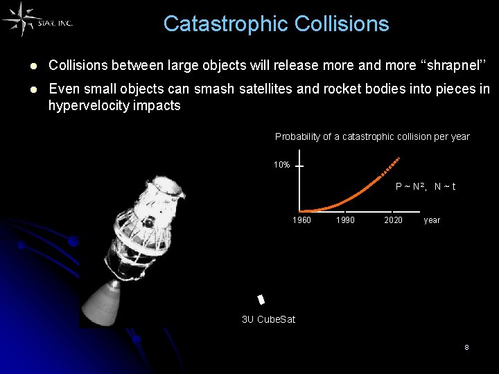 Catastrophic Collisions l Collisions between large objects will release more and more ‘‘shrapnel’’ l