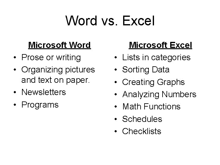 Word vs. Excel • • Microsoft Word Prose or writing Organizing pictures and text