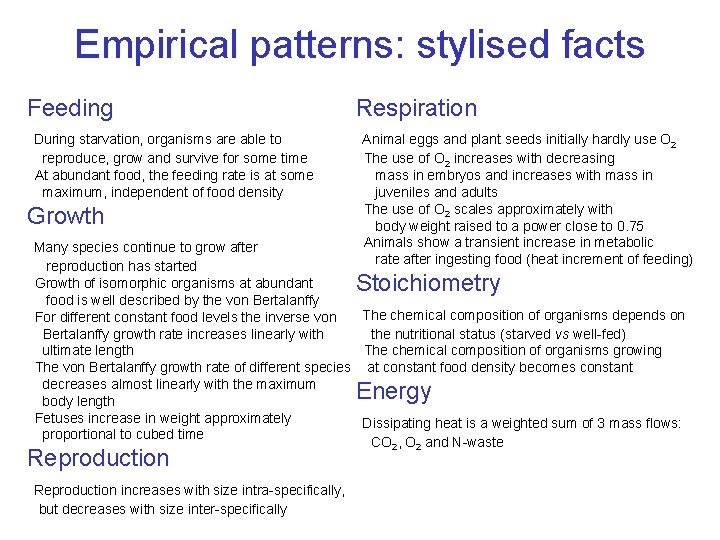 Empirical patterns: stylised facts Feeding During starvation, organisms are able to reproduce, grow and