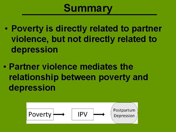 Summary • Poverty is directly related to partner violence, but not directly related to