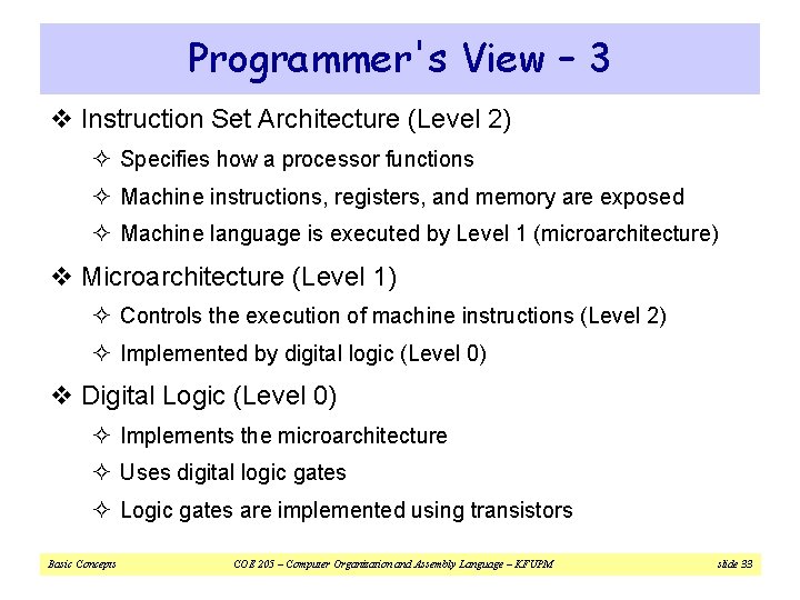 Programmer's View – 3 v Instruction Set Architecture (Level 2) ² Specifies how a