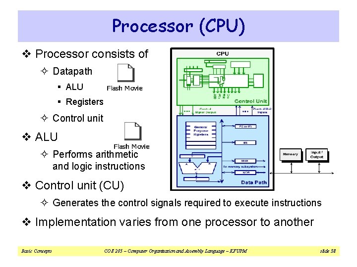 Processor (CPU) v Processor consists of ² Datapath § ALU § Registers ² Control