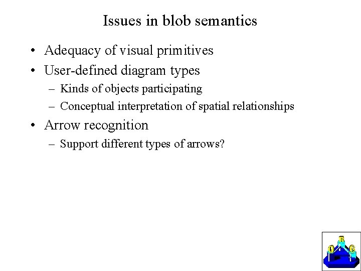 Issues in blob semantics • Adequacy of visual primitives • User-defined diagram types –