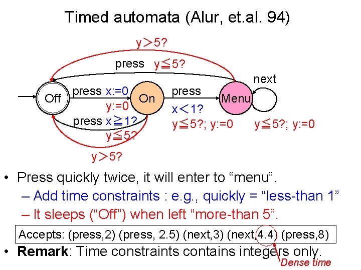 Timed automata (Alur, et. al. 94) y＞ 5? press y≦ 5? press x: =0