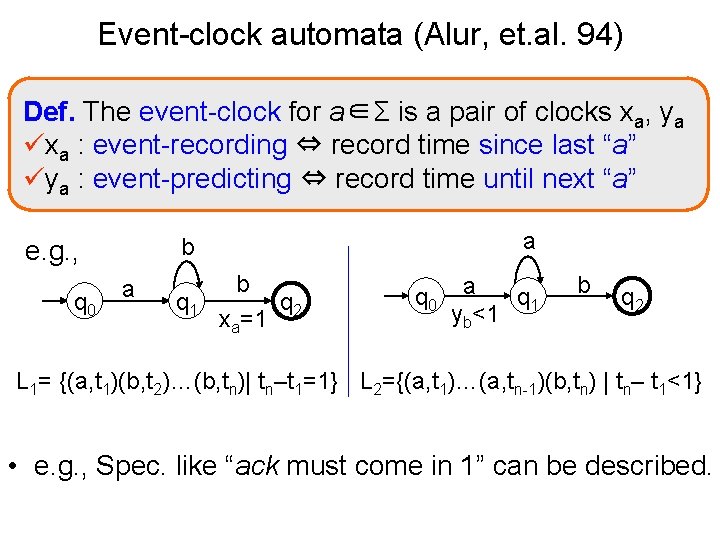 Event-clock automata (Alur, et. al. 94) Def. The event-clock for a∈Σ is a pair