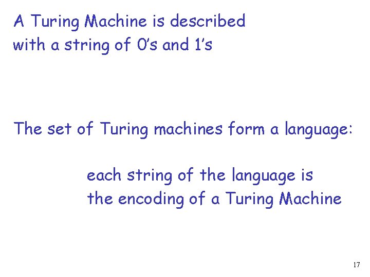 A Turing Machine is described with a string of 0’s and 1’s The set
