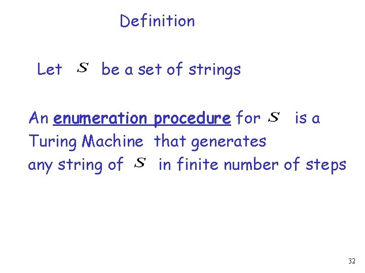 Definition Let be a set of strings An enumeration procedure for is a Turing