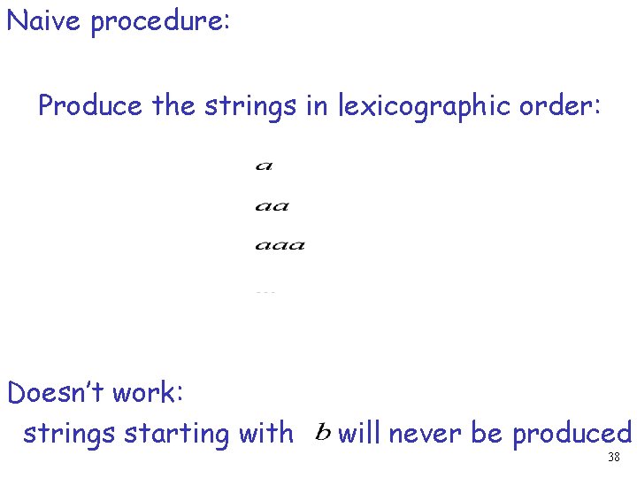 Naive procedure: Produce the strings in lexicographic order: Doesn’t work: strings starting with will
