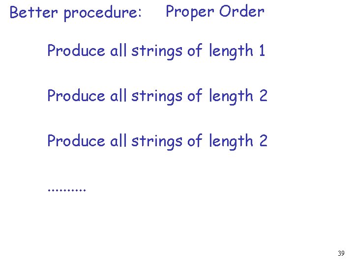 Better procedure: Proper Order Produce all strings of length 1 Produce all strings of
