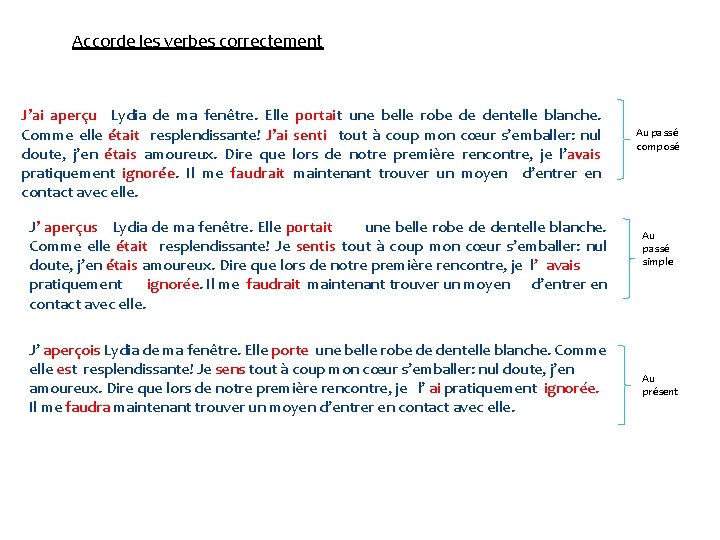 Accorde les verbes correctement J’ai aperçu Lydia de ma fenêtre. Elle portait une belle Accorde les verbes correctement J’ai aperçu Lydia de ma fenêtre. Elle portait une belle