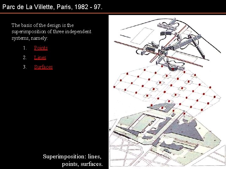 Parc de La Villette, Paris, 1982 - 97. The basis of the design is