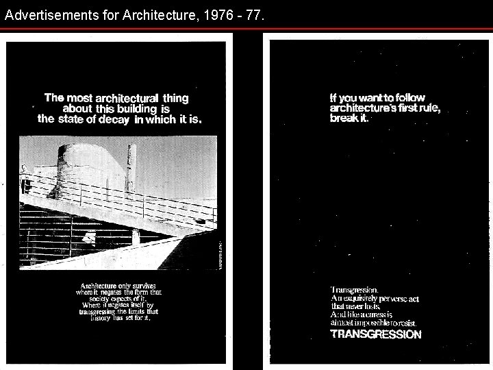 Advertisements for Architecture, 1976 - 77. 