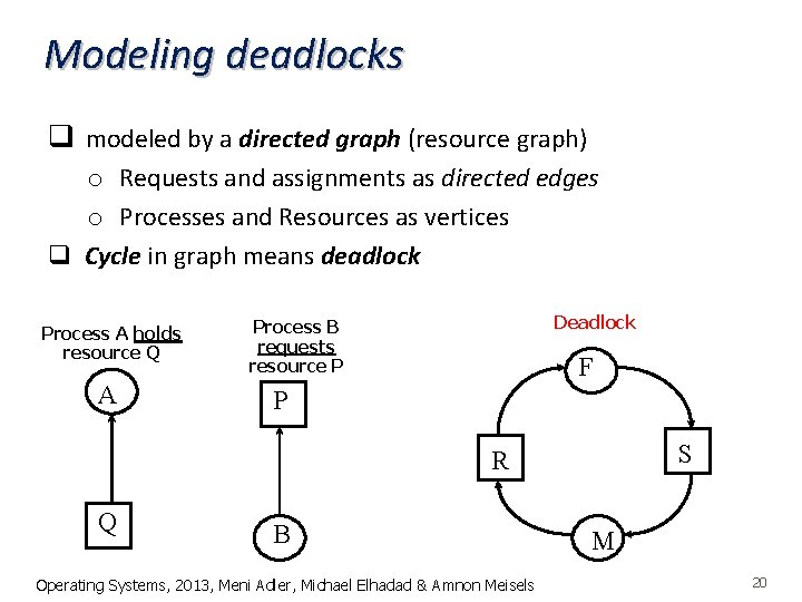Modeling deadlocks q modeled by a directed graph (resource graph) o Requests and assignments