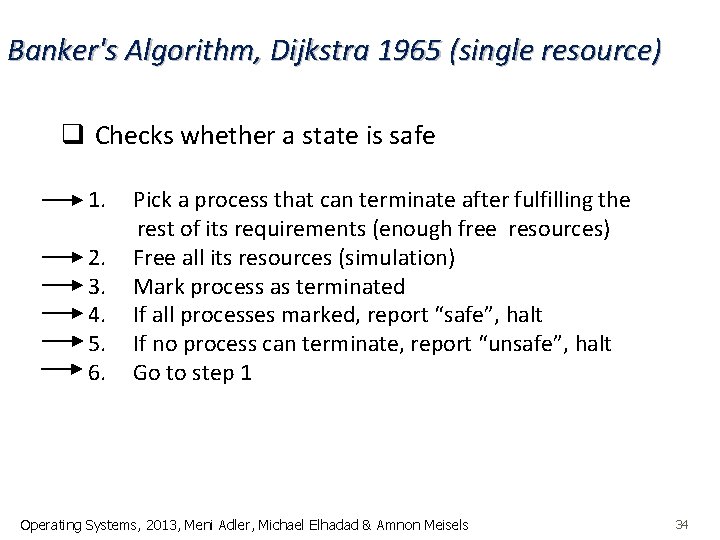 Banker's Algorithm, Dijkstra 1965 (single resource) q Checks whether a state is safe 1.