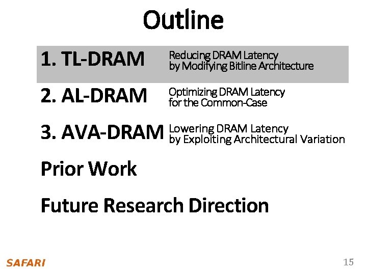 Approach 1 Outline 1. TL-DRAM Reducing DRAM Latency by Modifying Bitline Architecture 2. AL-DRAM
