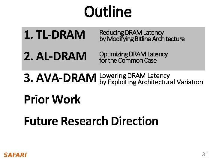 Approach 2 Outline 1. TL-DRAM Reducing DRAM Latency by Modifying Bitline Architecture 2. AL-DRAM