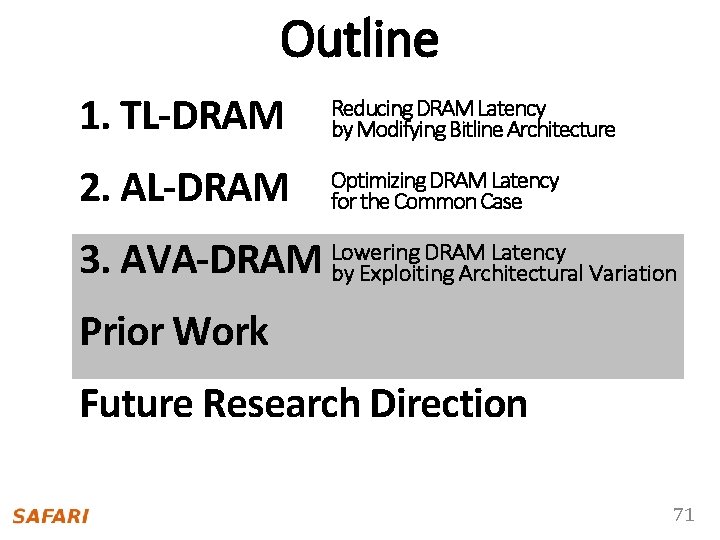 Outline 1. TL-DRAM Reducing DRAM Latency by Modifying Bitline Architecture 2. AL-DRAM Optimizing DRAM
