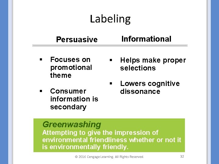 Labeling Informational Persuasive § § Focuses on promotional theme Consumer information is secondary §