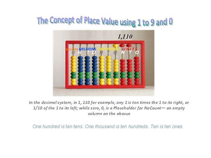 In the decimal system, in 1, 110 for example, any 1 is ten times