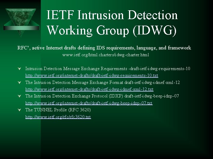 IETF Intrusion Detection Working Group (IDWG) RFC’, active Internet drafts defining IDS requirements, language,