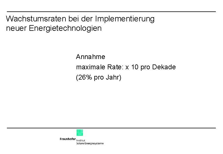 Wachstumsraten bei der Implementierung neuer Energietechnologien Annahme maximale Rate: x 10 pro Dekade (26%