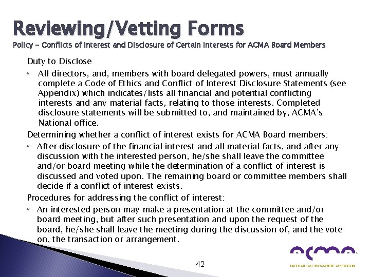 Reviewing/Vetting Forms Policy - Conflicts of Interest and Disclosure of Certain Interests for ACMA