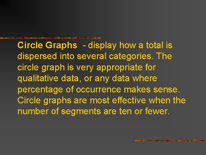 Circle Graphs - display how a total is dispersed into several categories. The circle