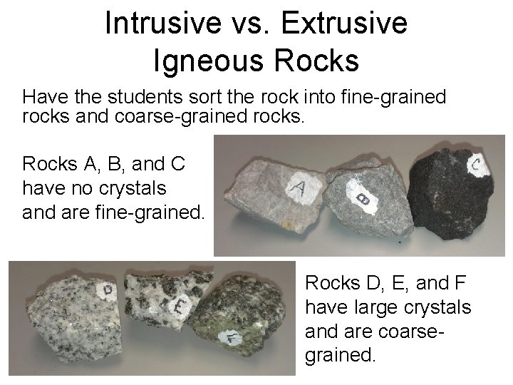 Intrusive vs. Extrusive Igneous Rocks Have the students sort the rock into fine-grained rocks