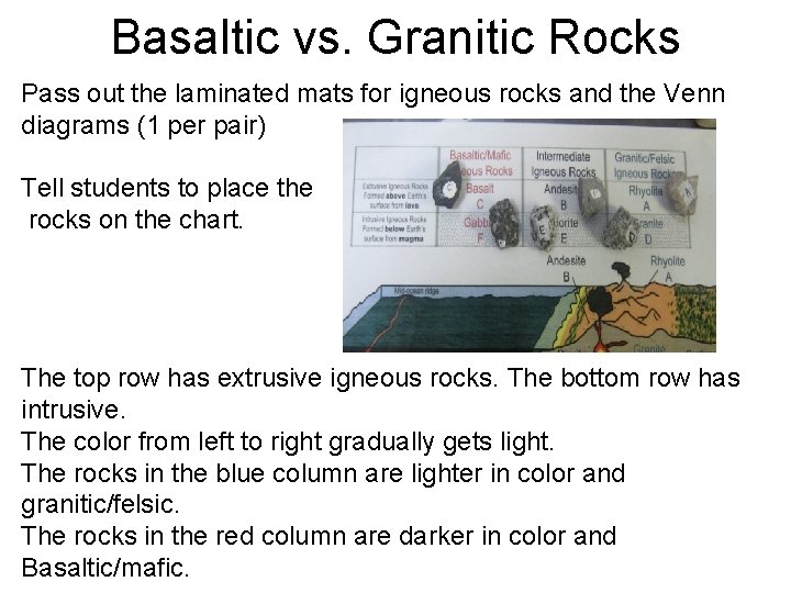 Basaltic vs. Granitic Rocks Pass out the laminated mats for igneous rocks and the