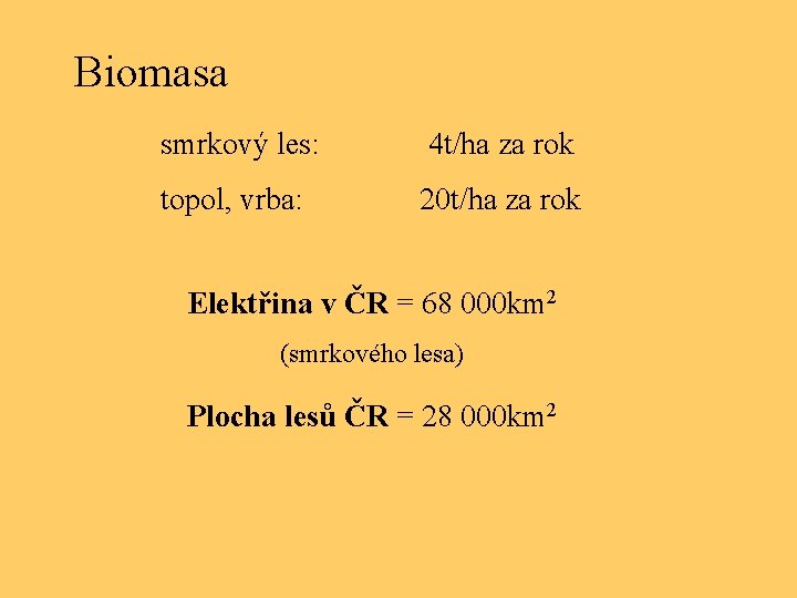 Biomasa smrkový les: 4 t/ha za rok topol, vrba: 20 t/ha za rok Elektřina