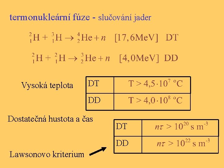 termonukleární fúze - slučování jader Vysoká teplota DT DD Dostatečná hustota a čas DT