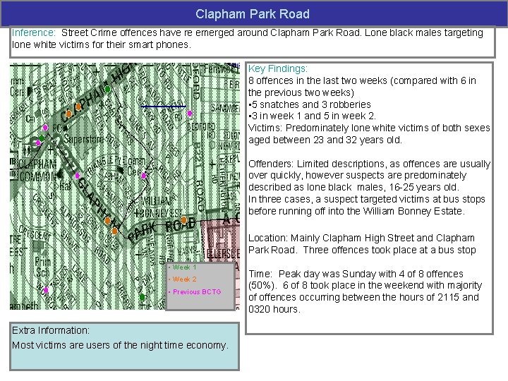 Clapham Park Road Inference: Street Crime offences have re emerged around Clapham Park Road.