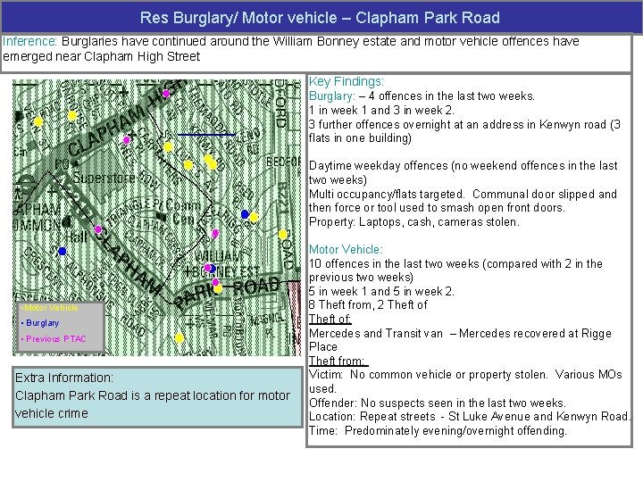 Res Burglary/ Motor vehicle – Clapham Park Road Inference: Burglaries have continued around the