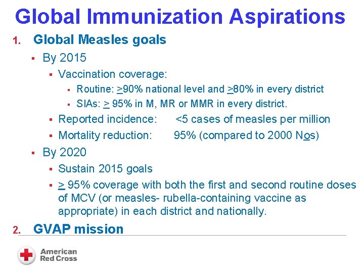 Global Immunization Aspirations 1. Global Measles goals § By 2015 § Vaccination coverage: §