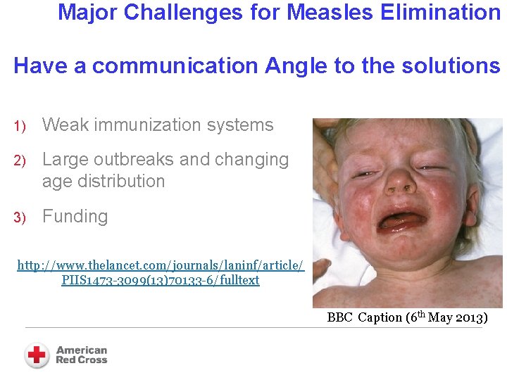 Major Challenges for Measles Elimination Have a communication Angle to the solutions 1) Weak