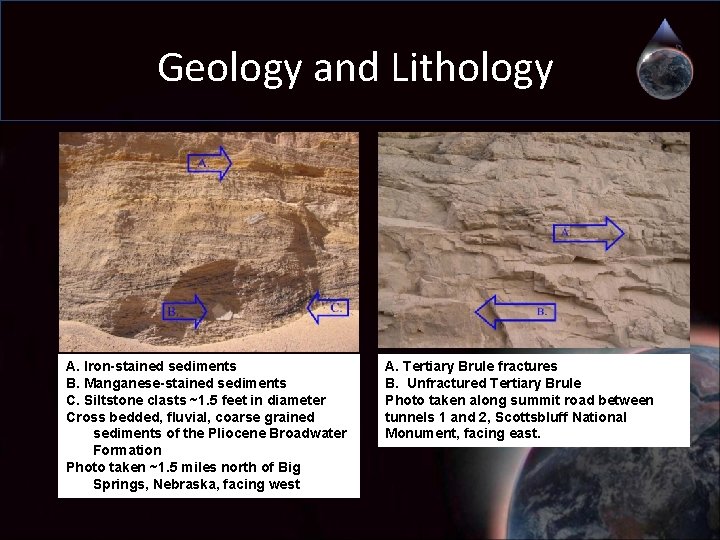 Geology and Lithology A. Iron-stained sediments B. Manganese-stained sediments C. Siltstone clasts ~1. 5