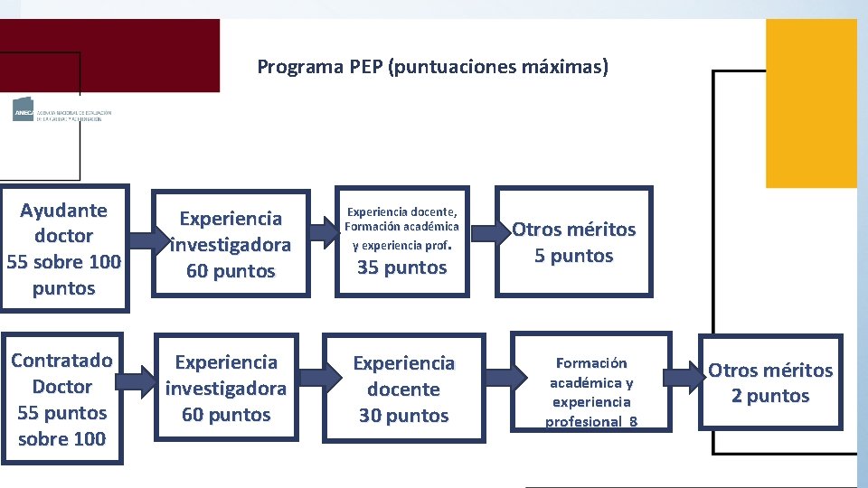 Programa PEP (puntuaciones máximas) Ayudante doctor 55 sobre 100 puntos Experiencia investigadora 60 puntos