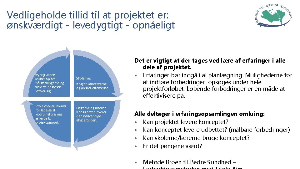 Vedligeholde tillid til at projektet er: ønskværdigt - levedygtigt - opnåeligt Styregruppen: bakker op