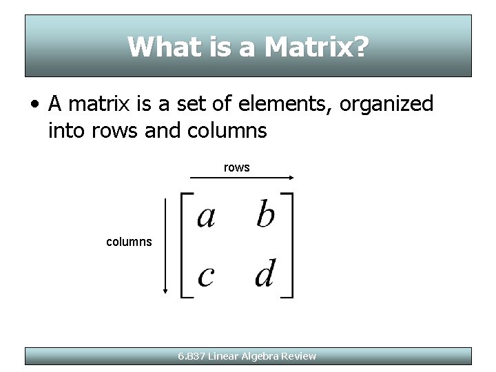 What is a Matrix? • A matrix is a set of elements, organized into