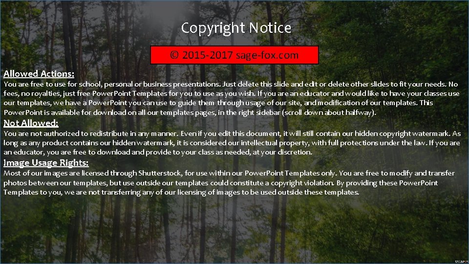 Copyright Notice © 2015 -2017 sage-fox. com Allowed Actions: You are free to use