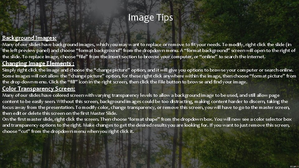 Image Tips Background Images: Many of our slides have background images, which you may