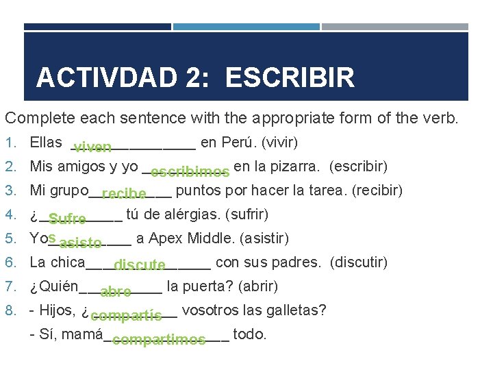 ACTIVDAD 2: ESCRIBIR Complete each sentence with the appropriate form of the verb. 1.