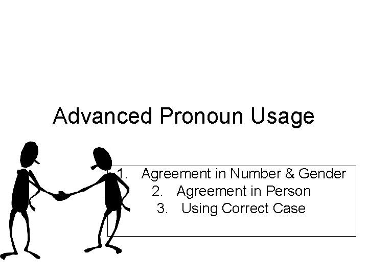 Advanced Pronoun Usage 1. Agreement in Number & Gender 2. Agreement in Person 3.